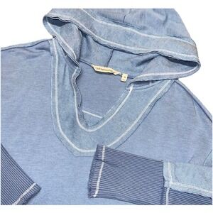 Soft Surroundings Blue V-Neck Ribbed Long Sleeve Hooded Tunic Shirt Women's XS